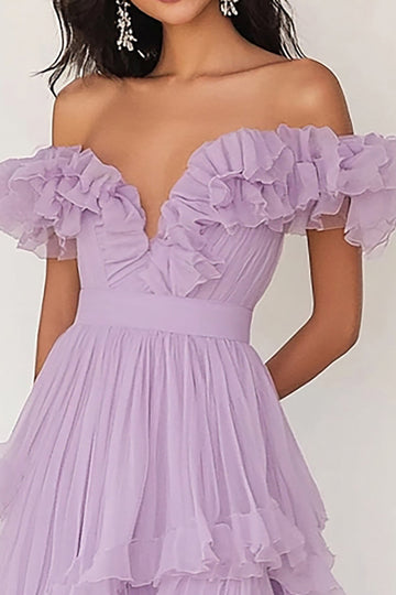 Robe de Soirée plissée à volants lilas à épaules dénudées